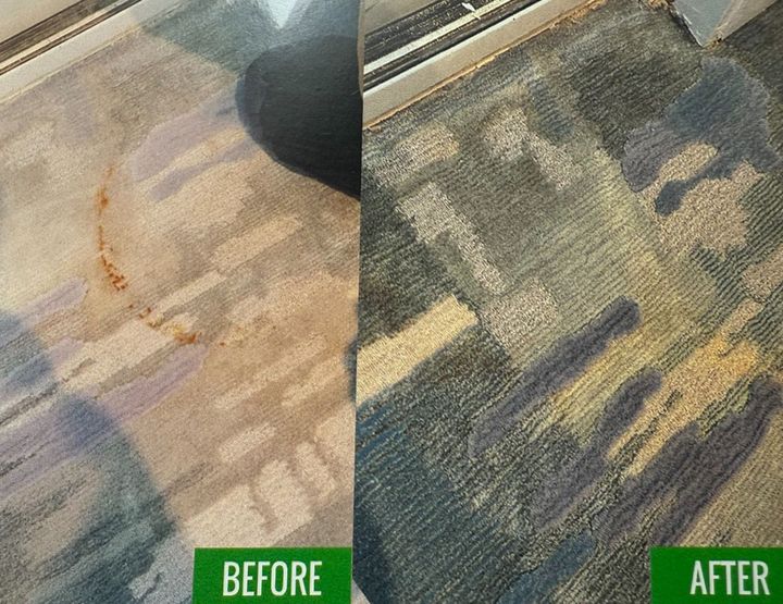 Side-by-side carpet stain removal comparison labeled before and after.