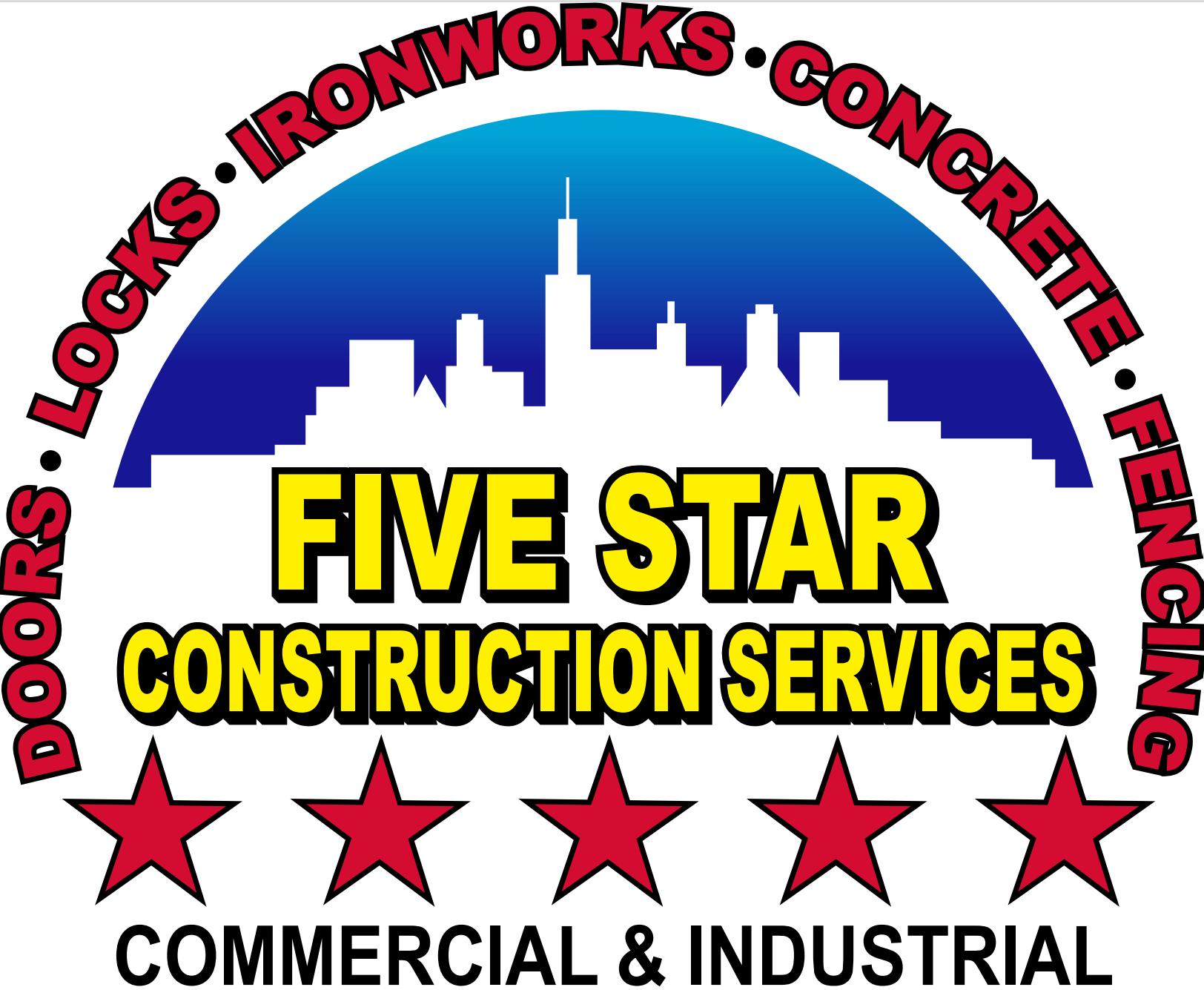 Five Star Construction Services logo with skyline, stars, and text: locks, ironworks, concrete, fencing, commercial & industrial
