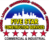 Five Star Construction Services logo with skyline, stars, and text: locks, ironworks, concrete, fencing, commercial & industrial
