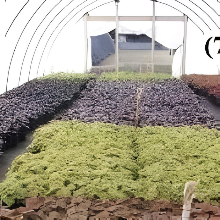 Rows of potted plants, varying shades of green, purple, and black, inside a greenhouse at REIMOLDS Nursery