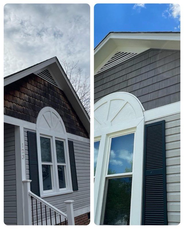 Side-by-side views of a gray house exterior with white trim, arched windows, and blue sky above