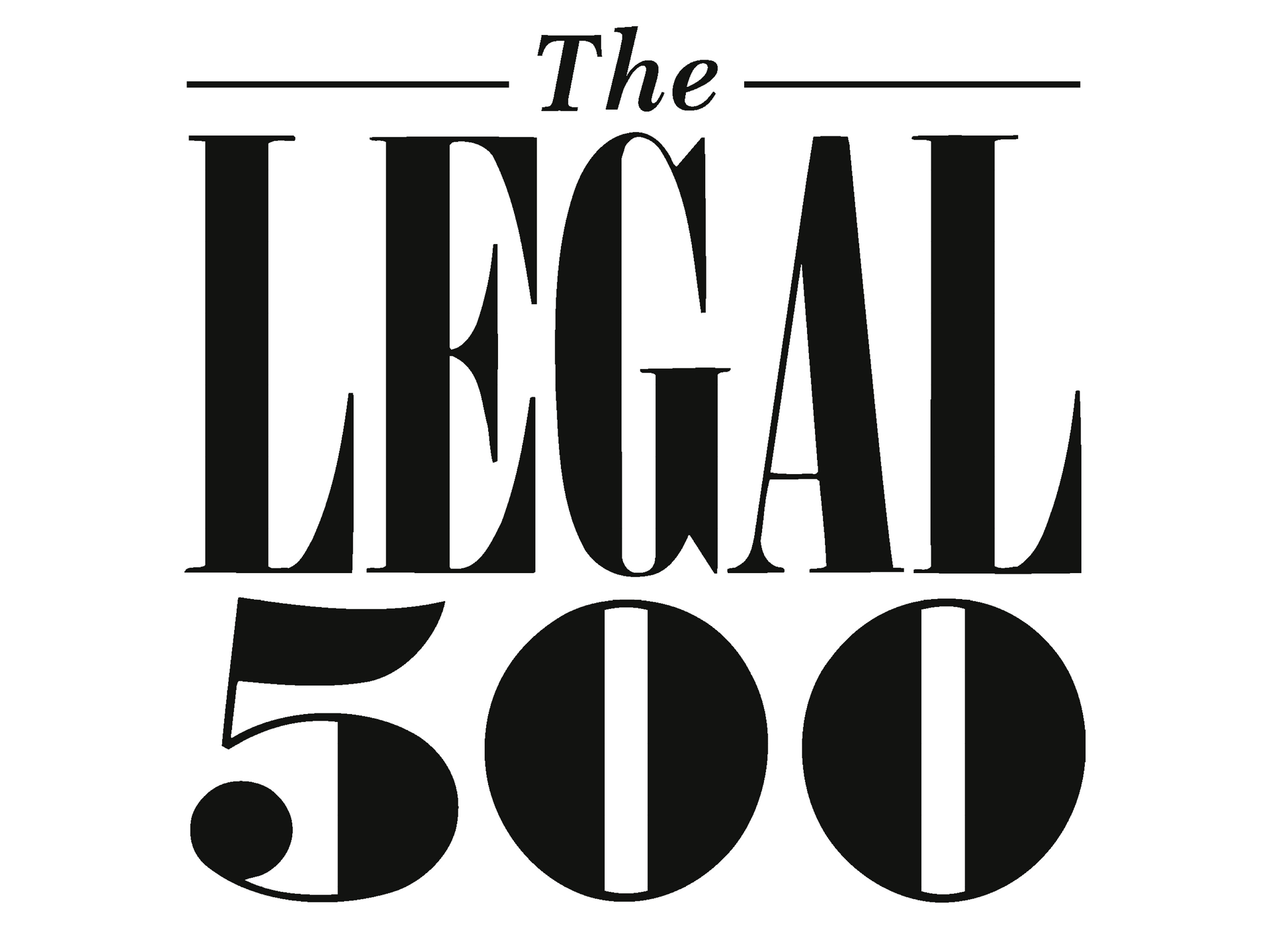 The Legal 500 logo in black and white, stylized text with the words
