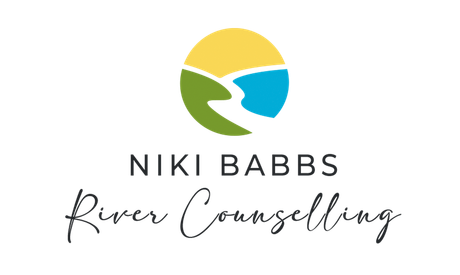 NIKI BABBS River Counselling logo with yellow, green, and blue circular leaf icon