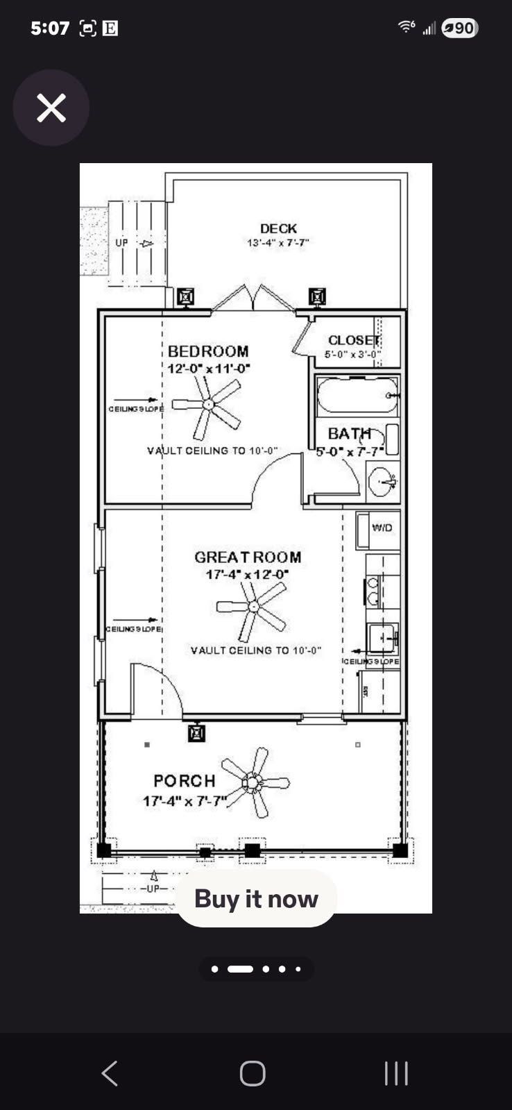 Phone screenshot of a black-and-white apartment floor plan with labeled rooms and a “Buy it now” button at bottom