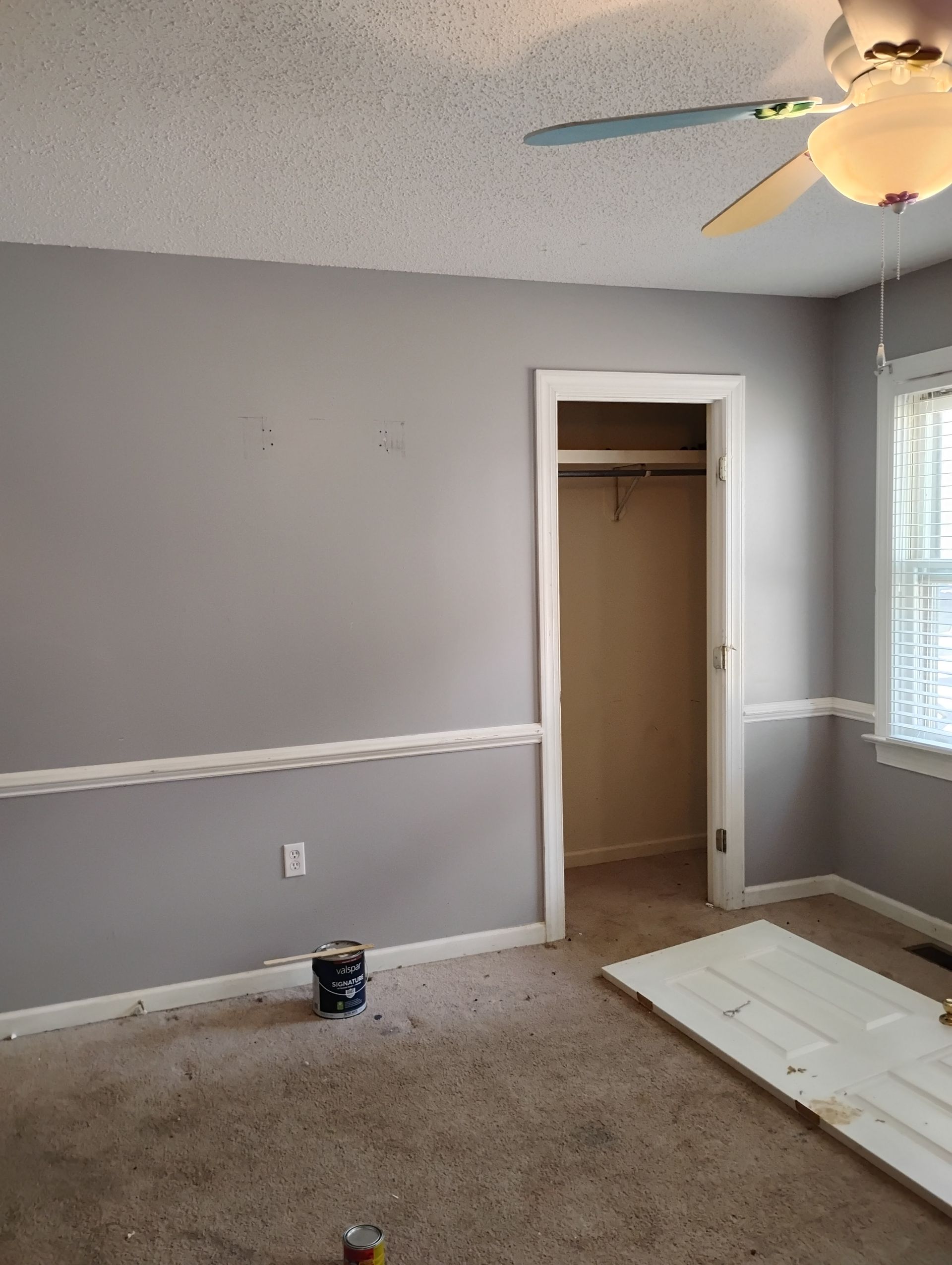 A gray room with white trim, a closet doorway, a ceiling fan, and a door lying on the carpeted floor.