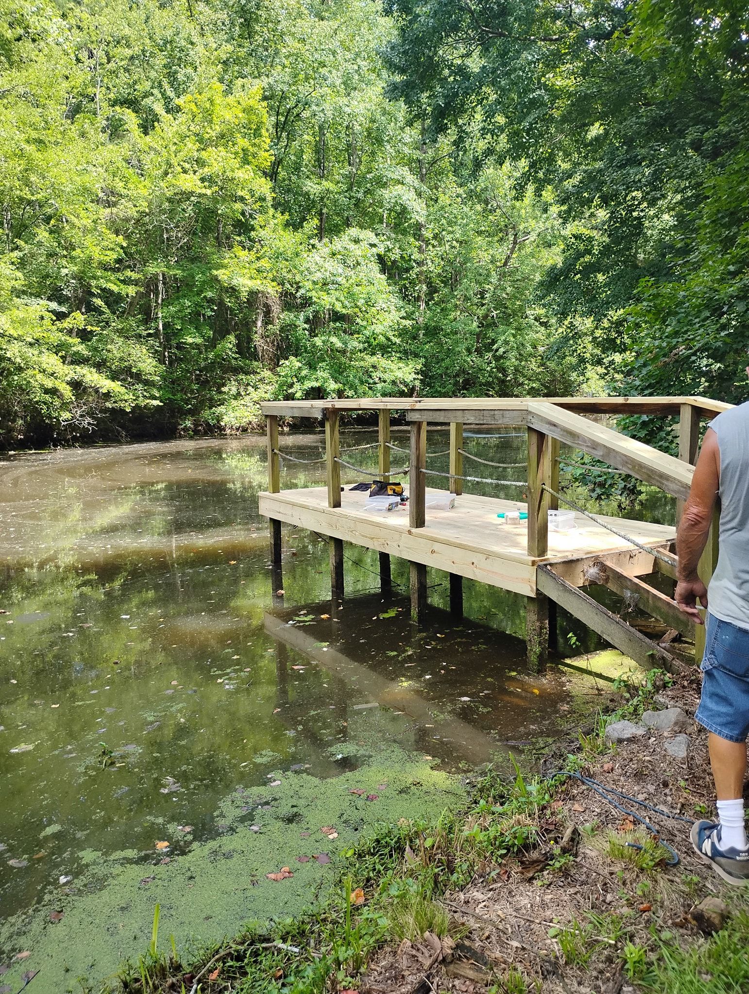 A wooden dock extends over a murky, green-tinted pond surrounded by lush trees, with a person standing on the bank.