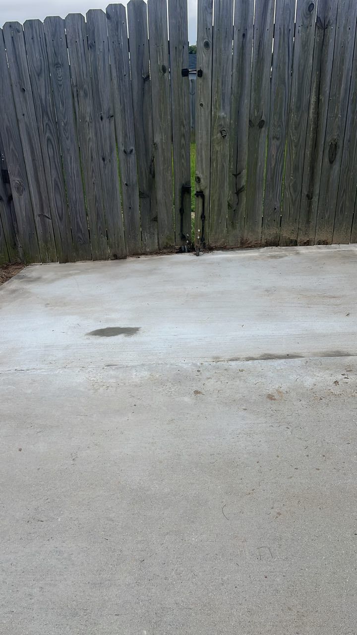 A weathered wooden fence stands behind a pale concrete patio area.