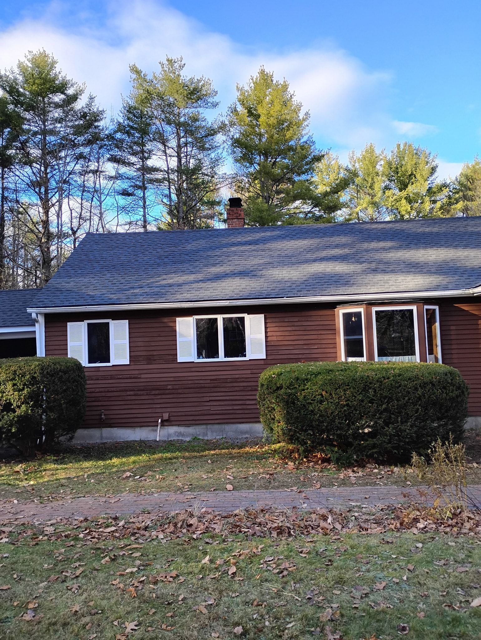 A single-story brown house with white shutters, a gray roof, and large green bushes in the front yard.