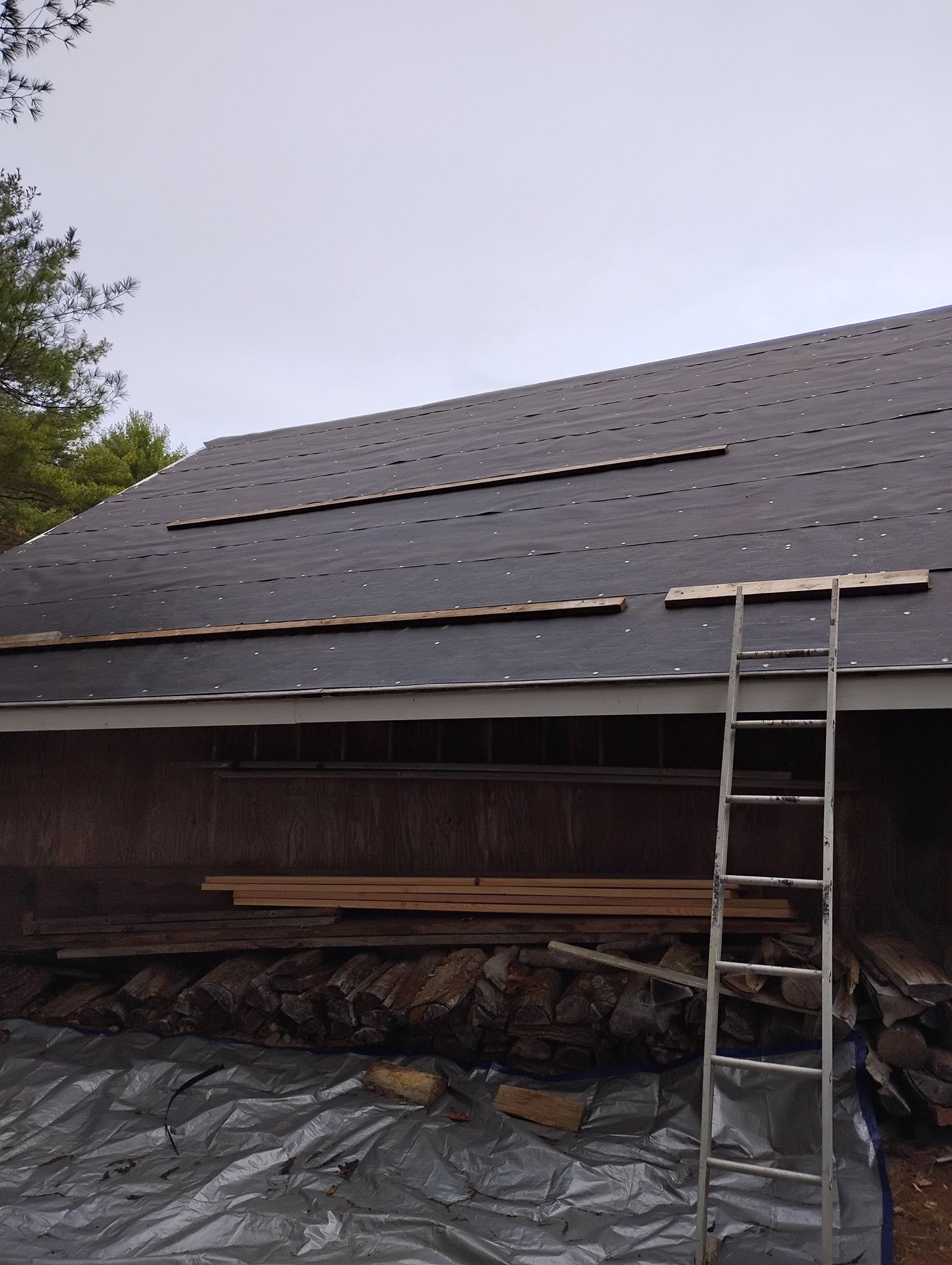 A wooden ladder leans against a house with a roof under renovation, covered in black underlayment and wooden battens.