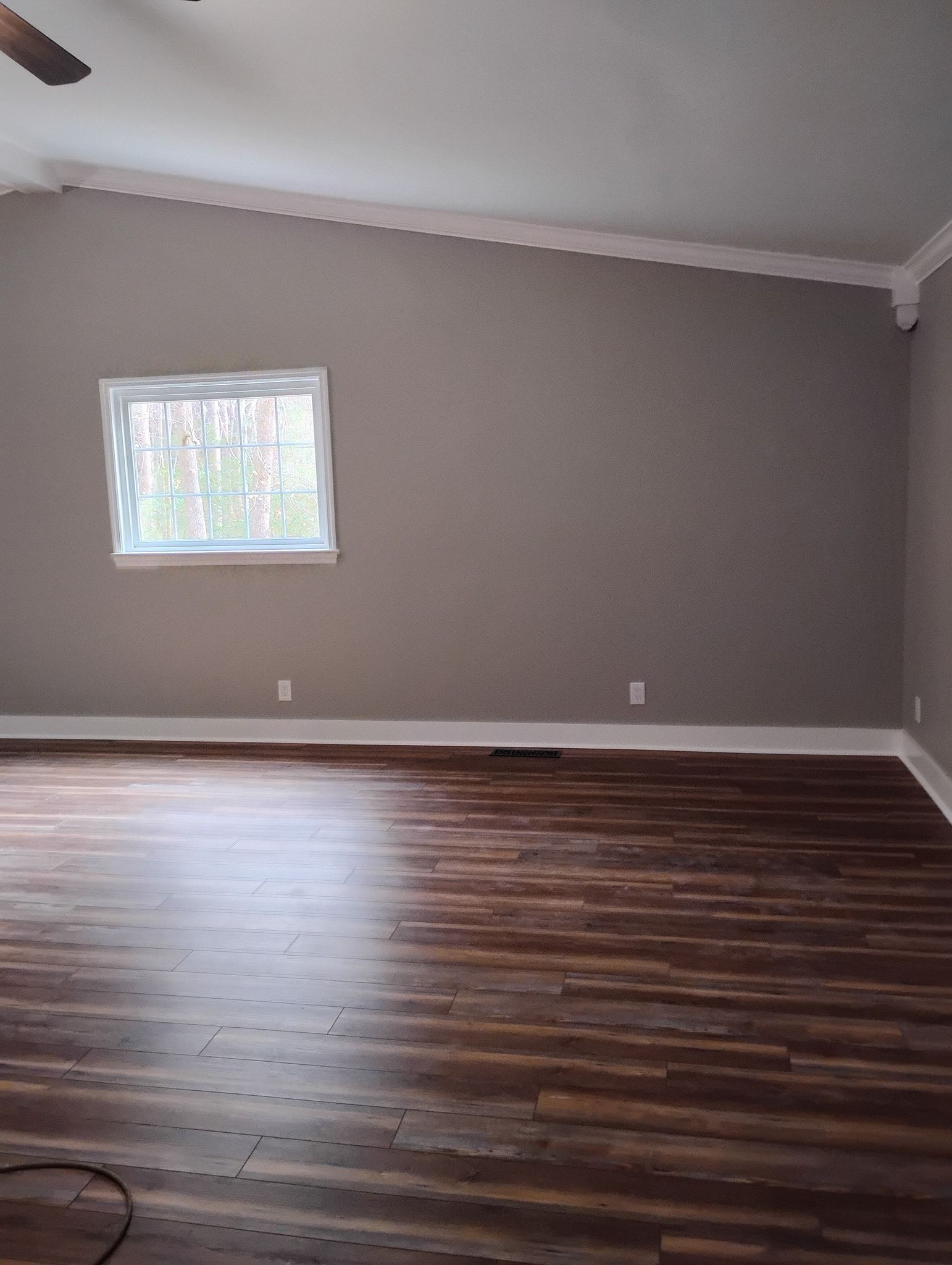 An empty room with dark wood-grain flooring, light gray walls, a white-framed window, and white crown molding.
