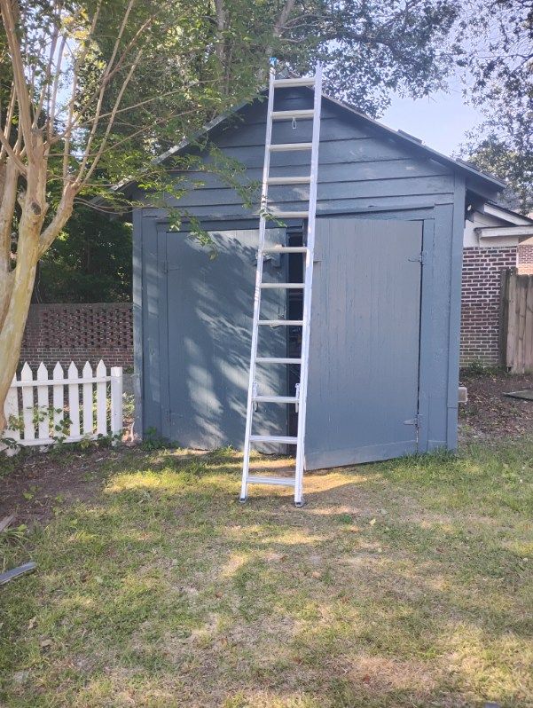A ladder leans against the front of a gray shed in a grassy yard.
