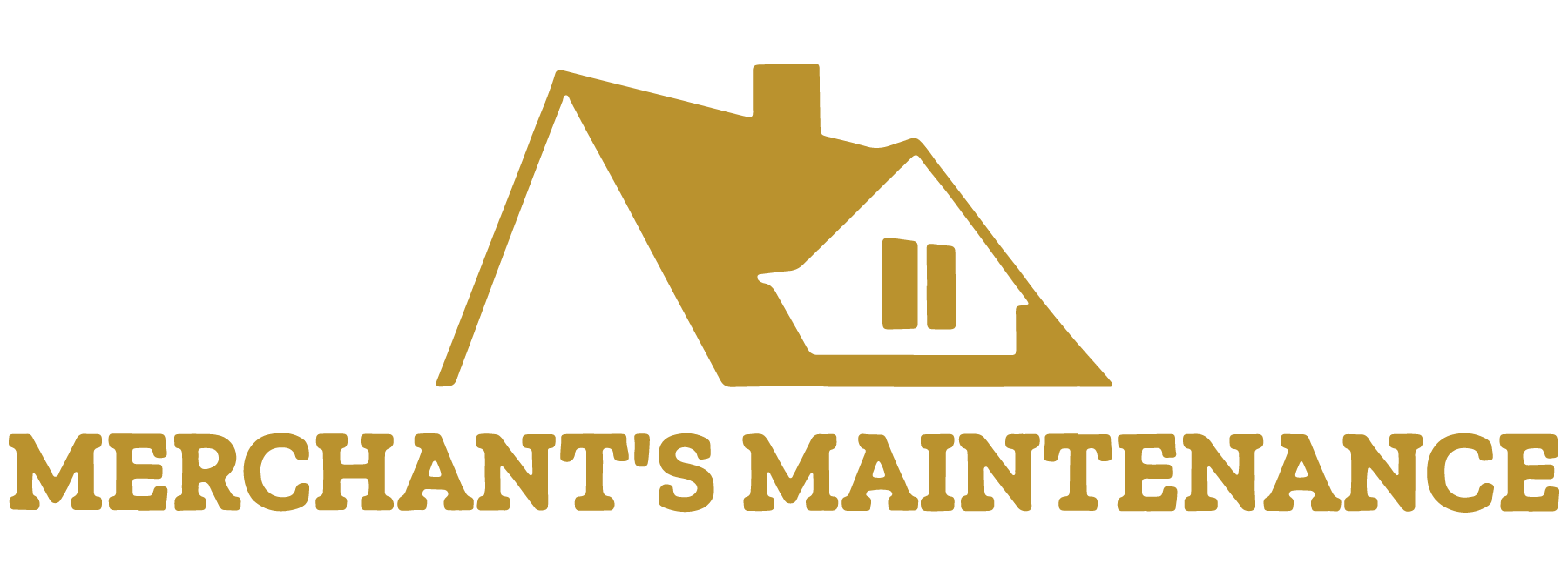 The gold Merchant’s Maintenance logo features a stylized house icon above the company name in a bold, serif font.
