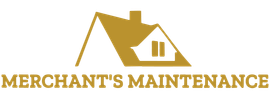 The gold Merchant’s Maintenance logo features a stylized house icon above the company name in a bold, serif font.
