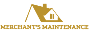 The gold Merchant’s Maintenance logo features a stylized house icon above the company name in a bold, serif font.