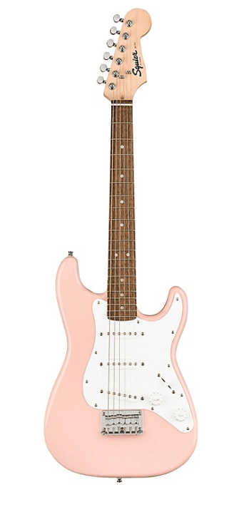 A pink electric guitar is on a white background.