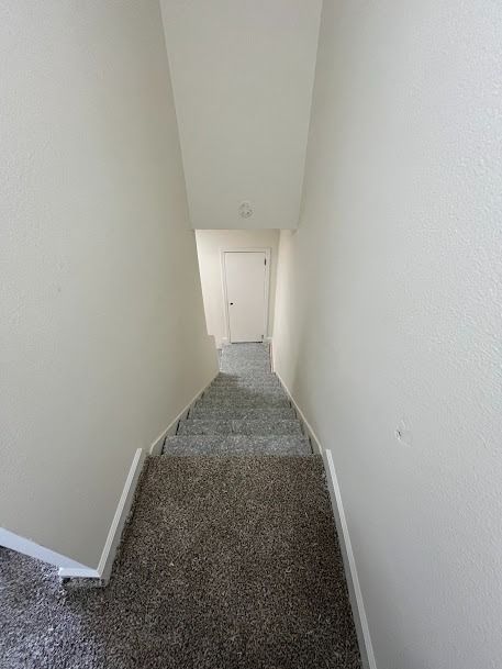 Staircase with brown carpet and white walls leading to a closed door.