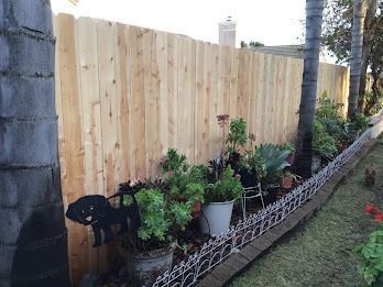 Wooden fence with potted plants along a grassy area; trees flank both sides.