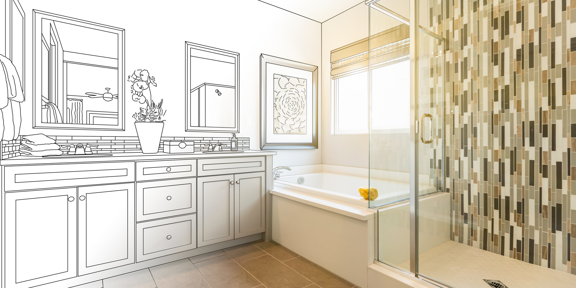 A black and white drawing of a bathroom with a tub and shower.