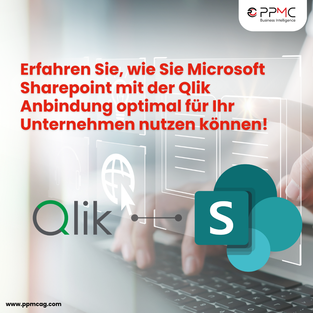 Qlik Logo und Sharpoint Logo das eine Verbindung der beiden Programme anzeigt