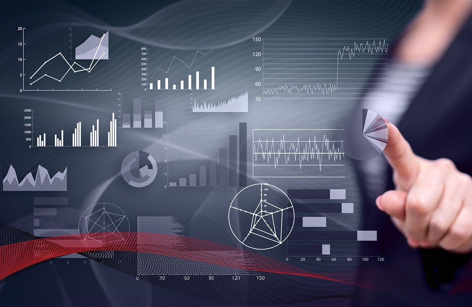 Dashboard mit Piktogrammen der Datenanalyse und ppmc bietet Data Analytics an