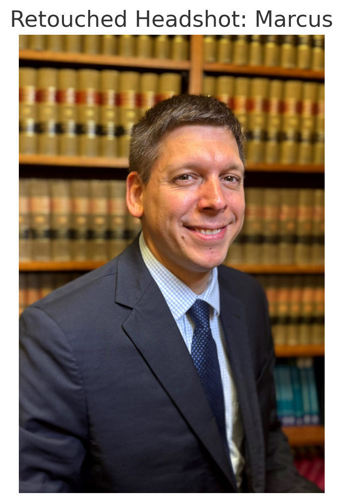 A man in a suit and tie is smiling in front of a bookshelf.