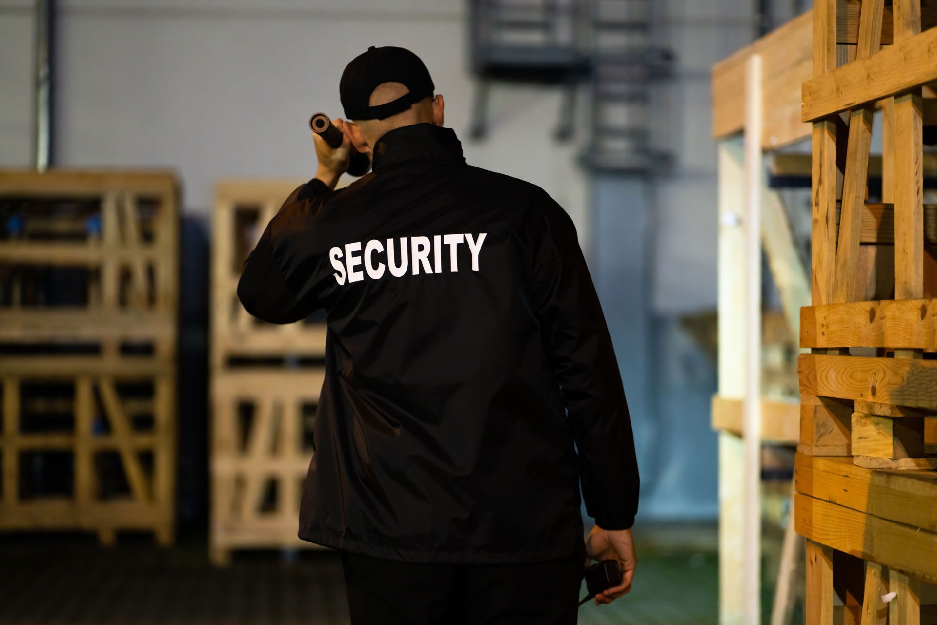 Security guard in black jacket, hat, with radio, patrolling a warehouse with wooden pallets.