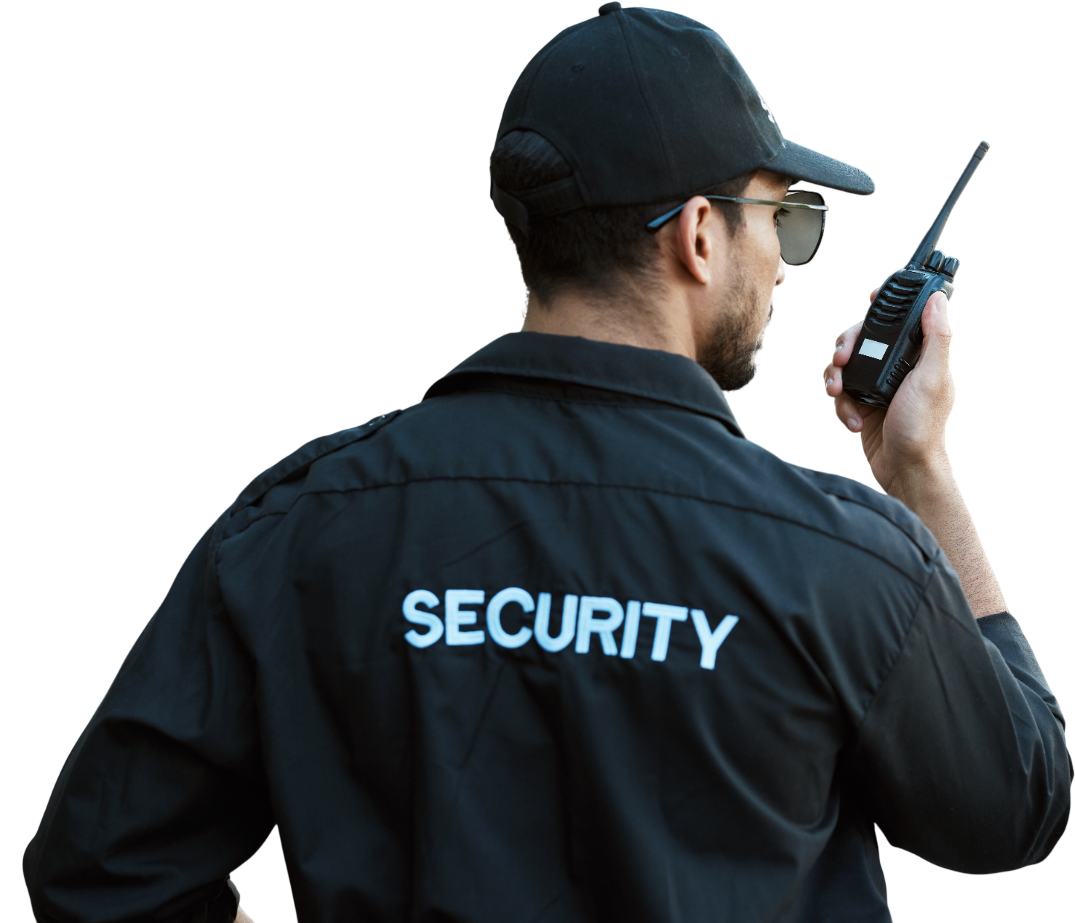Security guard in black uniform holding a walkie-talkie. 