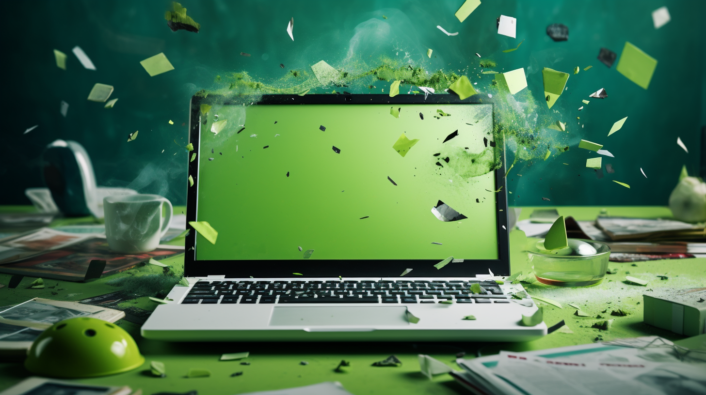 Auf einem unordentlichen Schreibtisch steht ein Laptop mit grünem Bildschirm.
