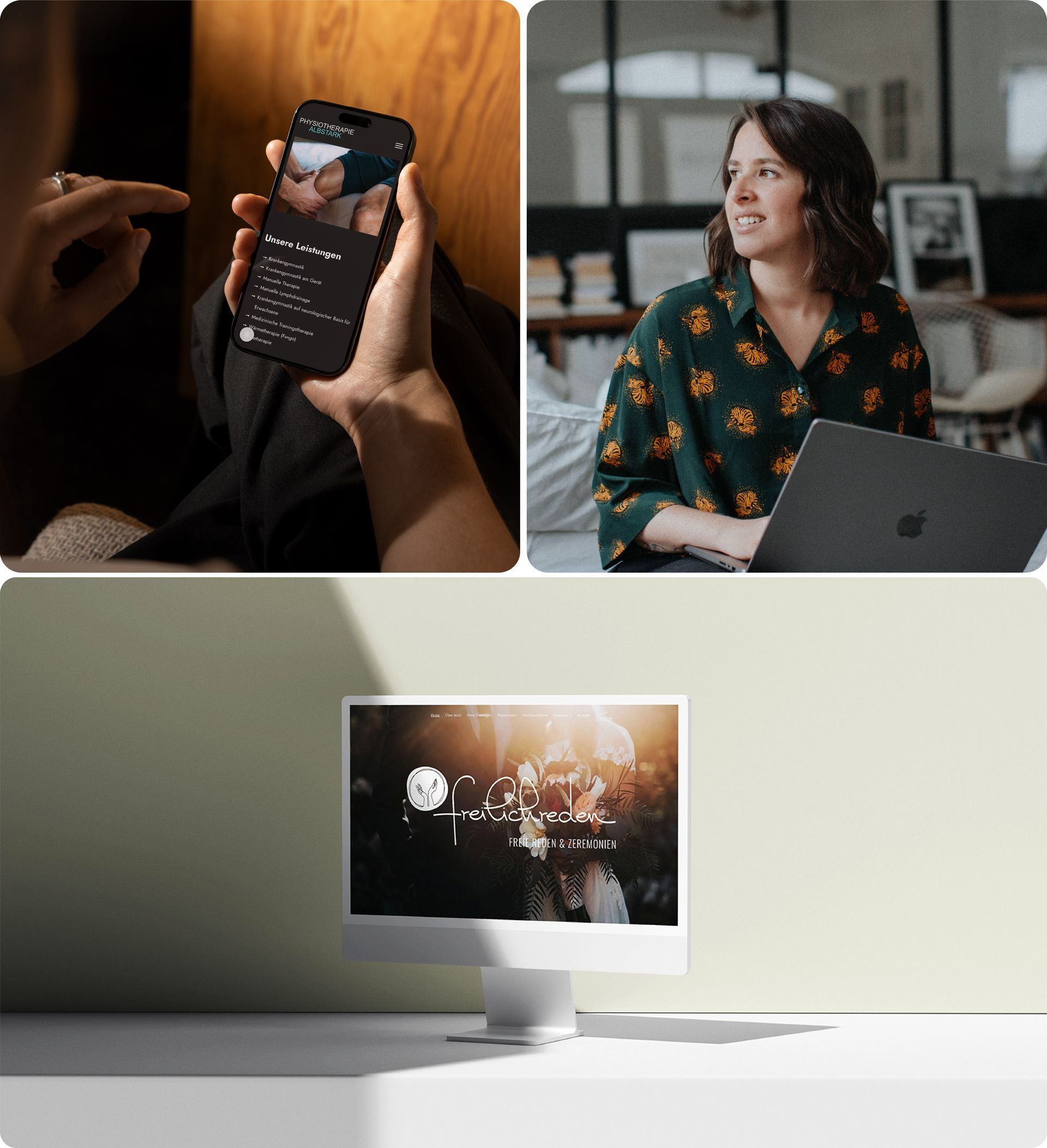 Drei Bilder nebeneinander: Hände bedienen ein Handy, ein iMac steht auf einem Tisch und eine Frau bedient einen Laptop.