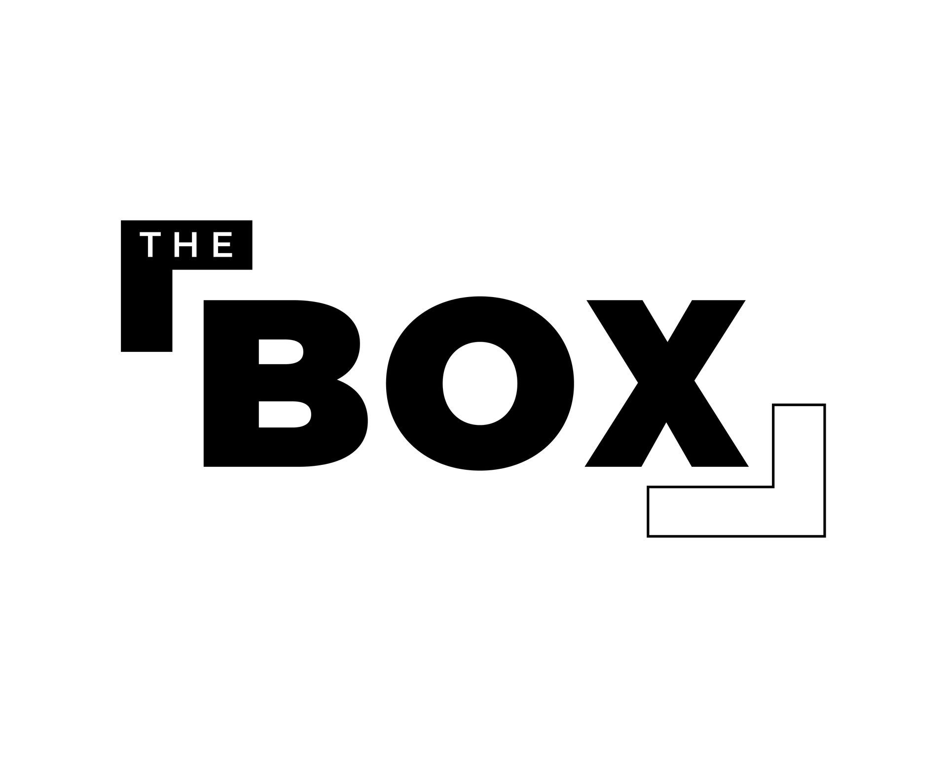 Ein schwarzweißes Logo für THE BOX auf weißem Hintergrund.