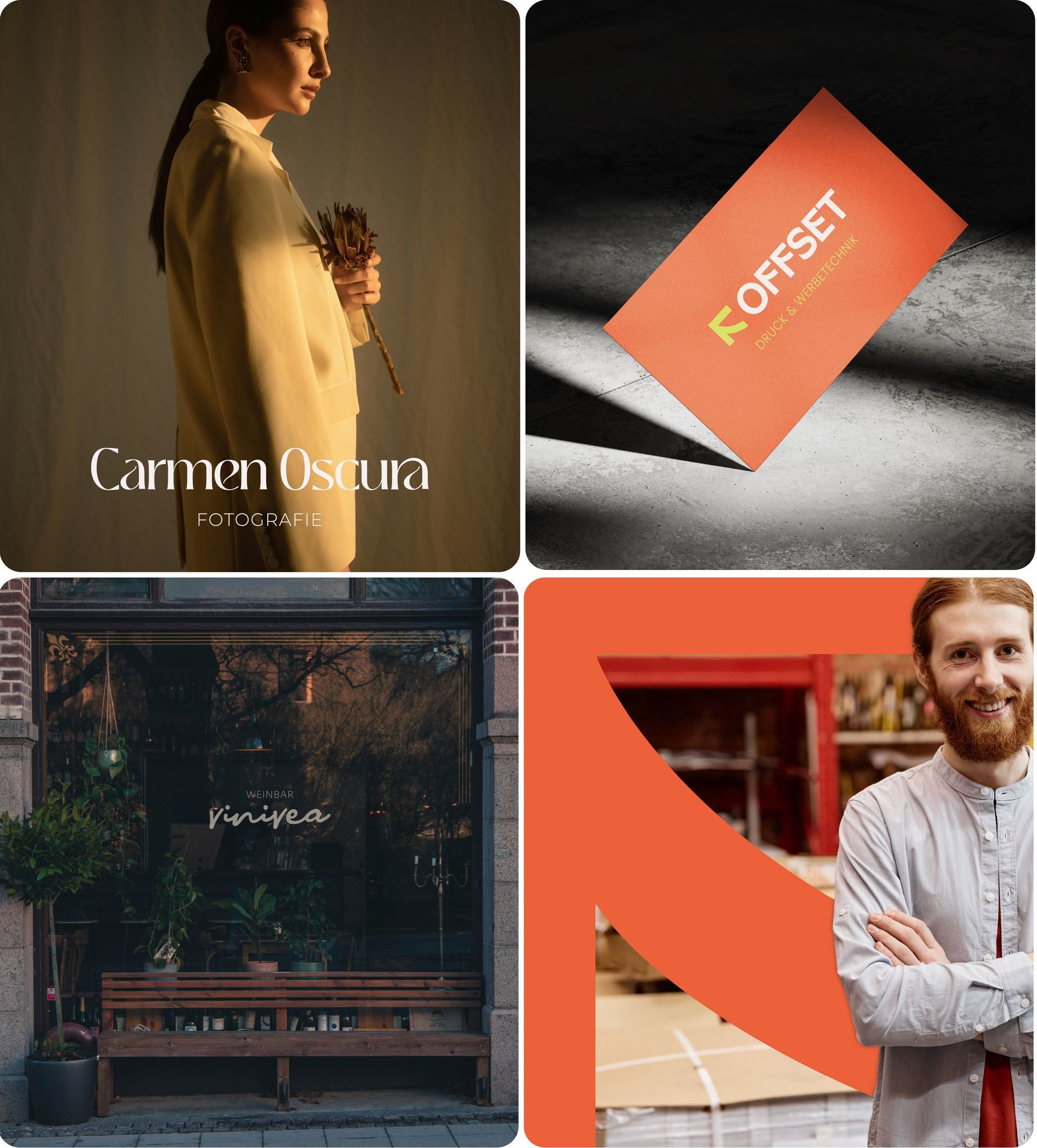 Collage aus vier Bildern, die alle Arbeiten von Sabrina Schmied zeigen: Visitenkare, WSchaufenster, diverse Logos.