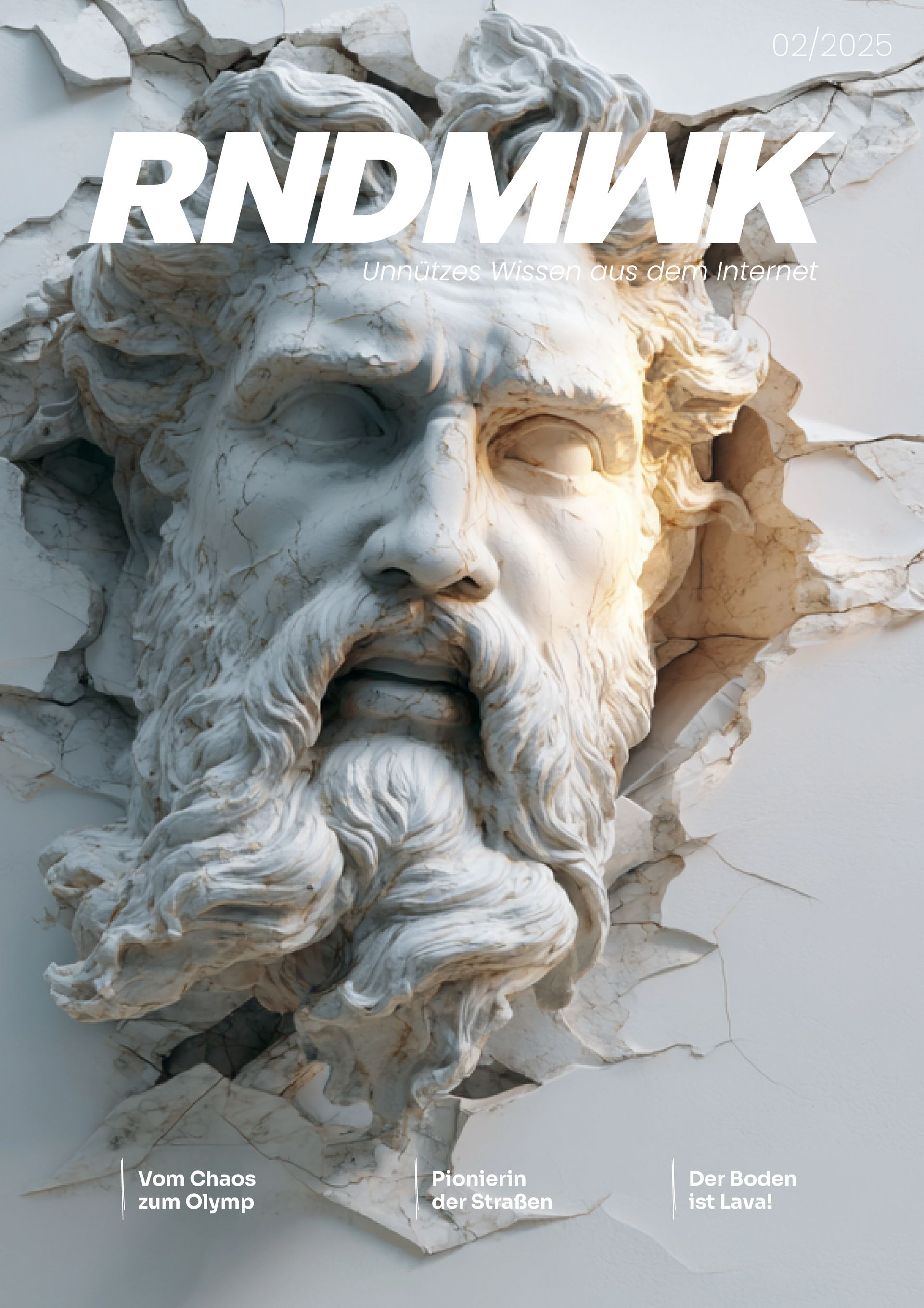 Schwarz-weißes Poster mit einem steinernen Gesicht und dem fettgedruckten Schriftzug „RNDMNK“ oben.