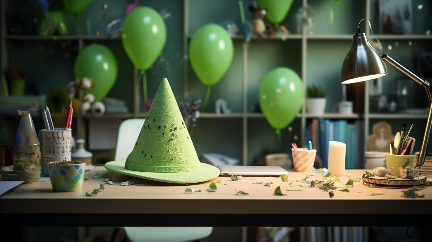 Auf einem Tisch steht ein grüner Hexenhut, im Hintergrund sind grüne Luftballons zu sehen.