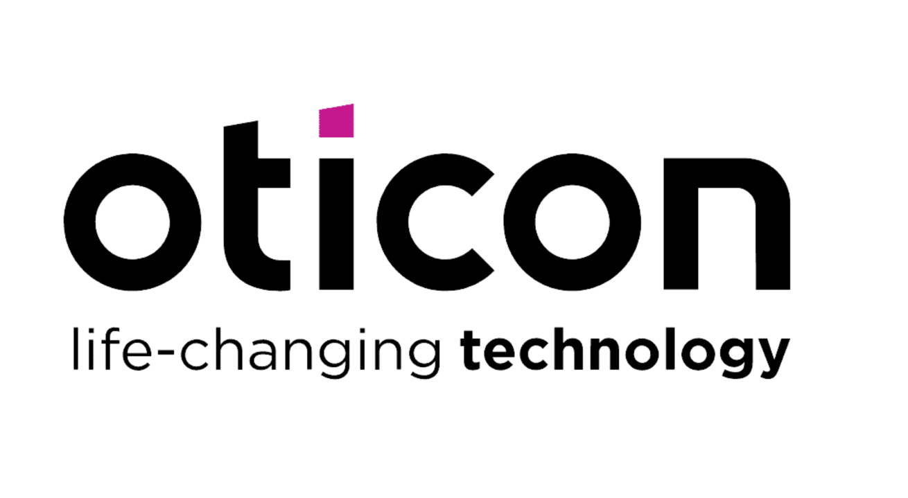 Oticon logo in black with a magenta accent and the tagline “life-changing technology”