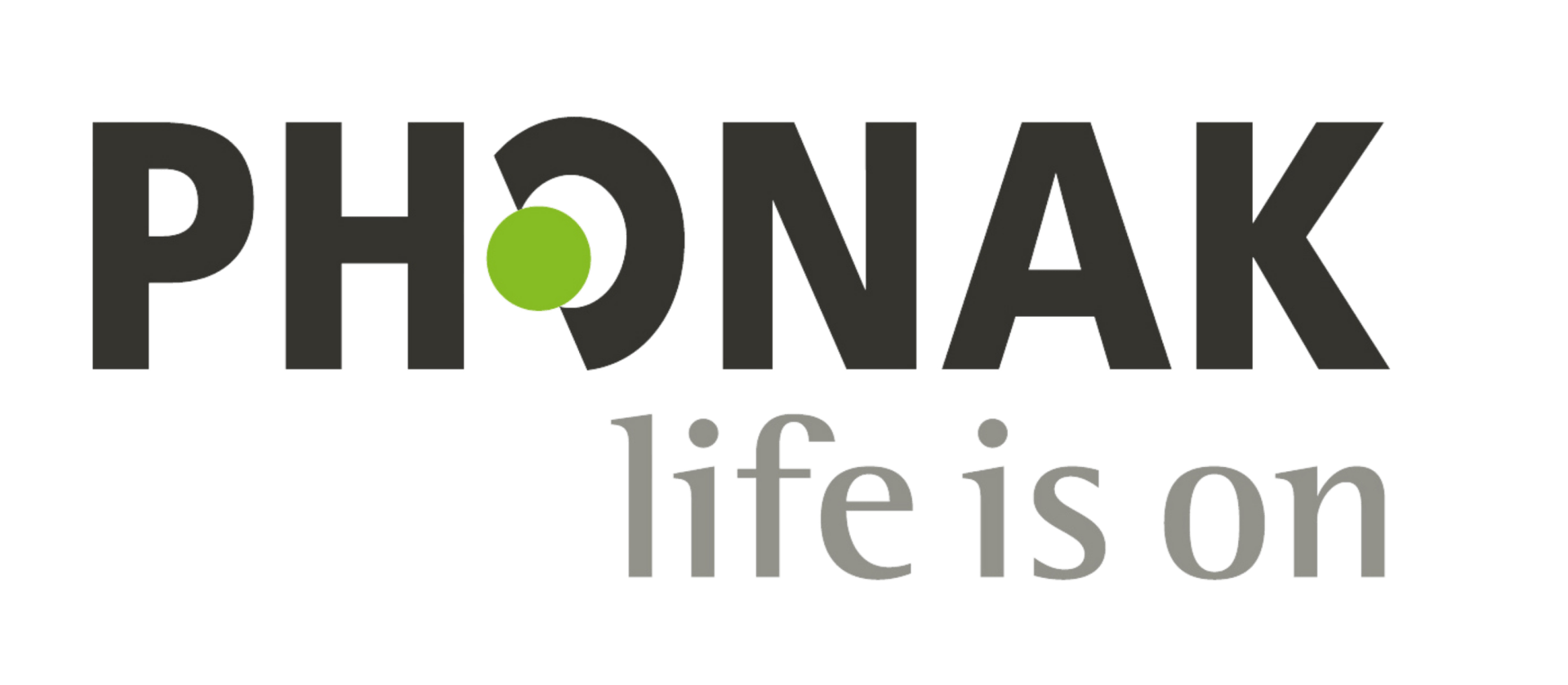 Phonak logo with green dot in the O and gray tagline “life is on”