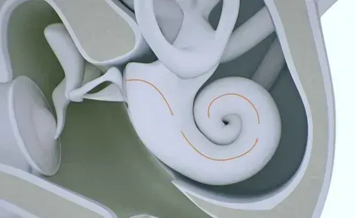 Abstract white 3D spiral design with orange lines on a light gray background