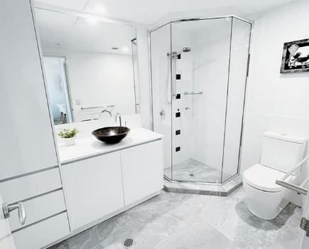 White Bathroom With A Stylish Cabinet And A Shower Screen Made Of Glass — Nyblad Construction in Caloundra West, QLD