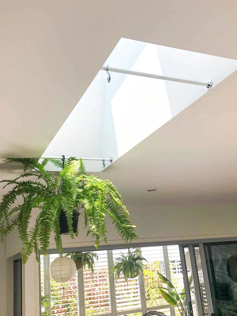 A Living Room With A Skylight And Ferns Hanging From The Ceiling — Nyblad Construction in Caloundra West, QLD