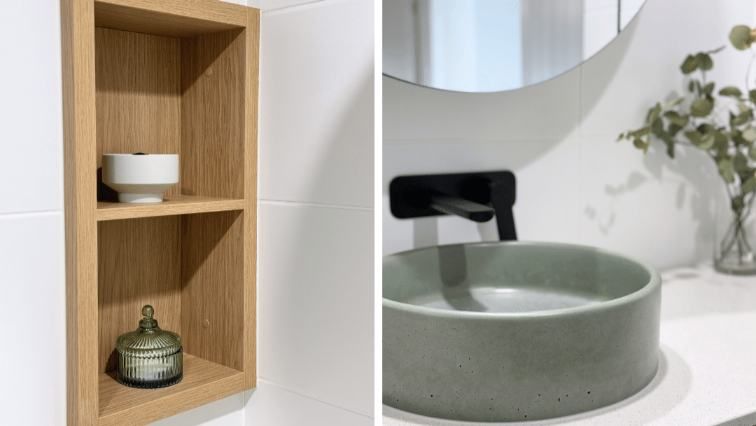 A Bathroom With A Sink And A Shelf Next To It — Nyblad Construction in Caloundra West, QLD