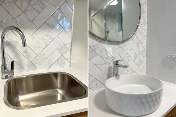 A Stainless Steel Sink And A White Sink In A Bathroom — Nyblad Construction in Caloundra West, QLD