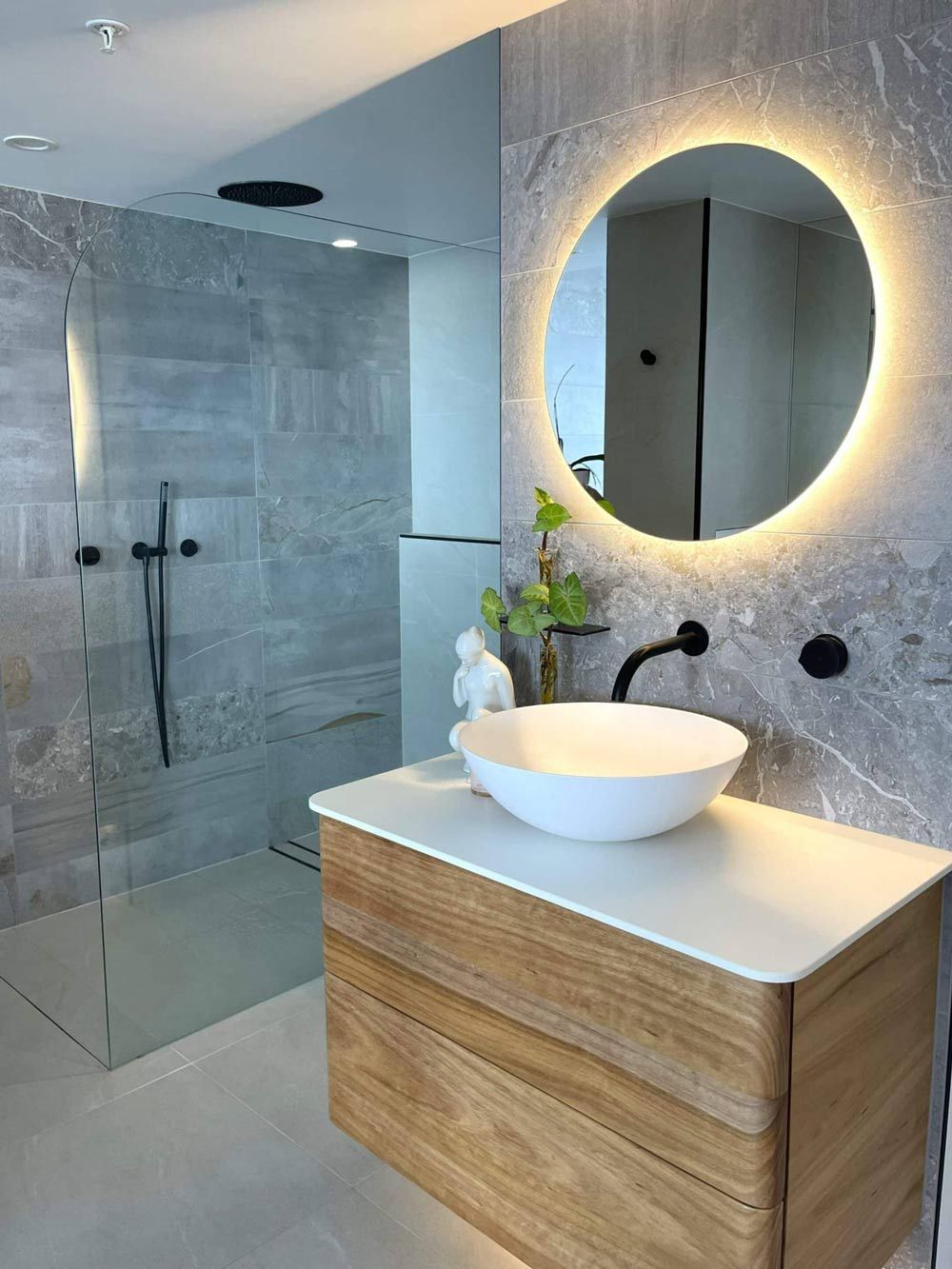 A Bathroom Designed With A Sink, Mirror, And Spacious Walk-in Shower — Nyblad Construction in Caloundra West, QLD