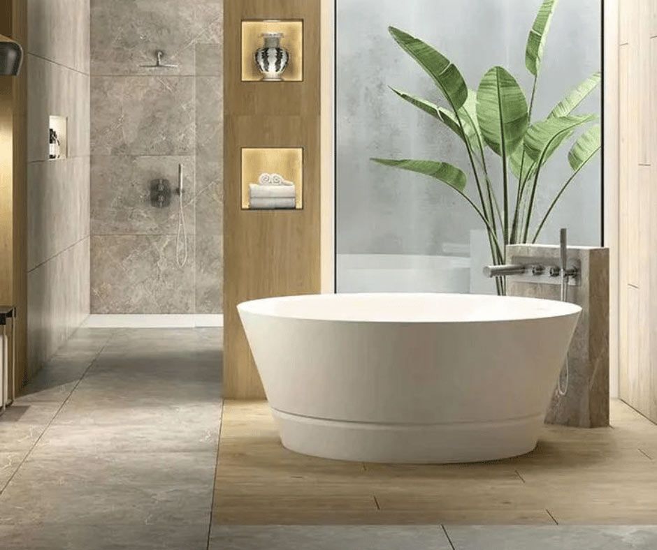 modern Bathtub With Plant In The Bathroom — Nyblad Construction in Caloundra West, QLD