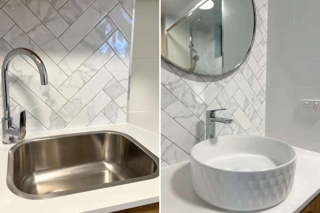 Stainless Steel Sink and a White Sink in a Bathroom — Nyblad Construction in Caloundra West, QLD