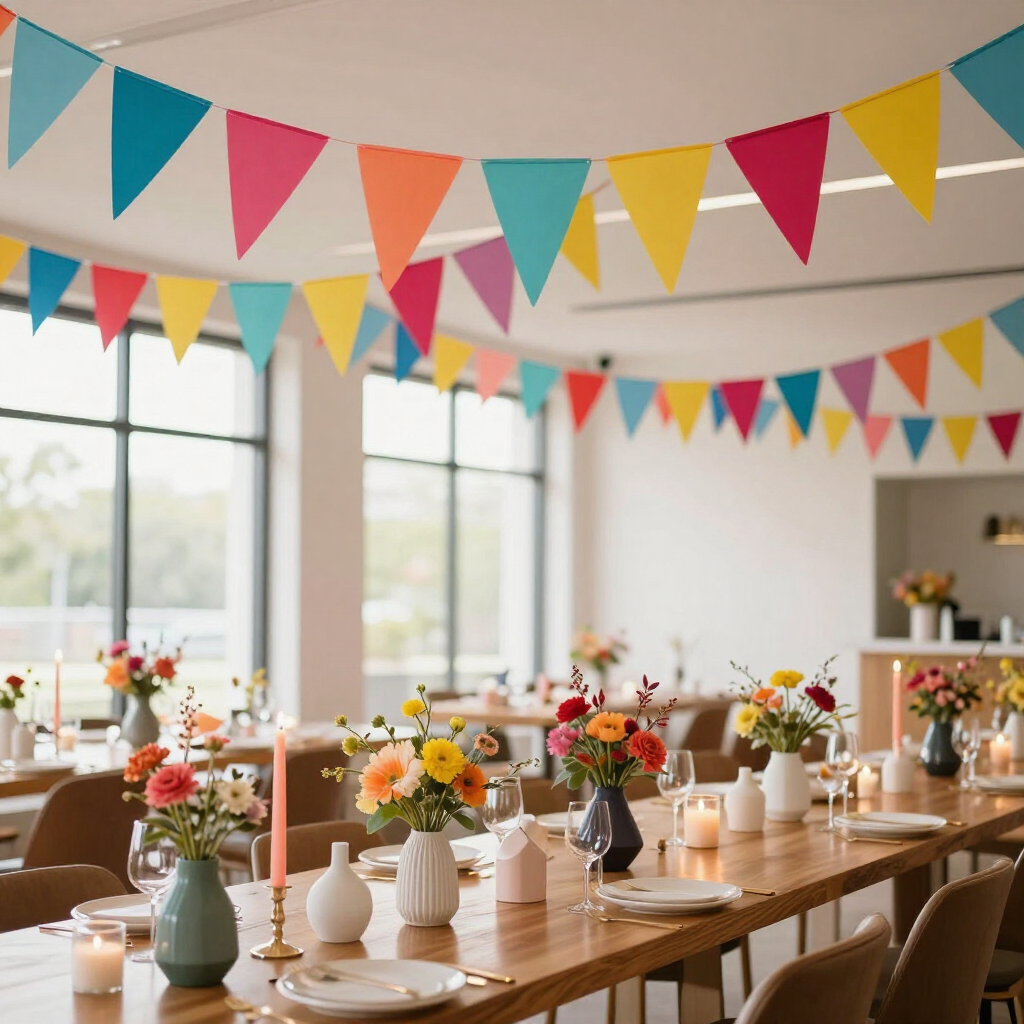 Comedor decorado con guirnaldas coloridas, centros de mesa florales y largas mesas de madera preparadas para una celebración.