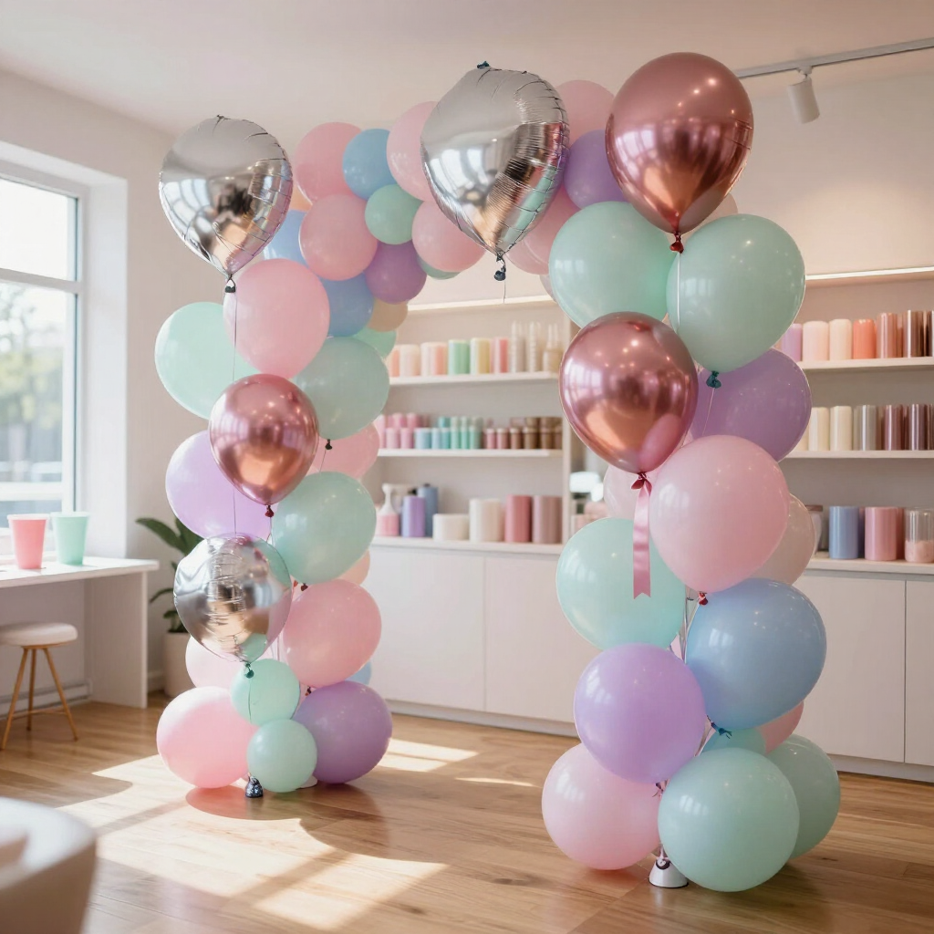 Arcos de globos en tonos pastel en una luminosa sala de fiestas con globos plateados y oro rosa.