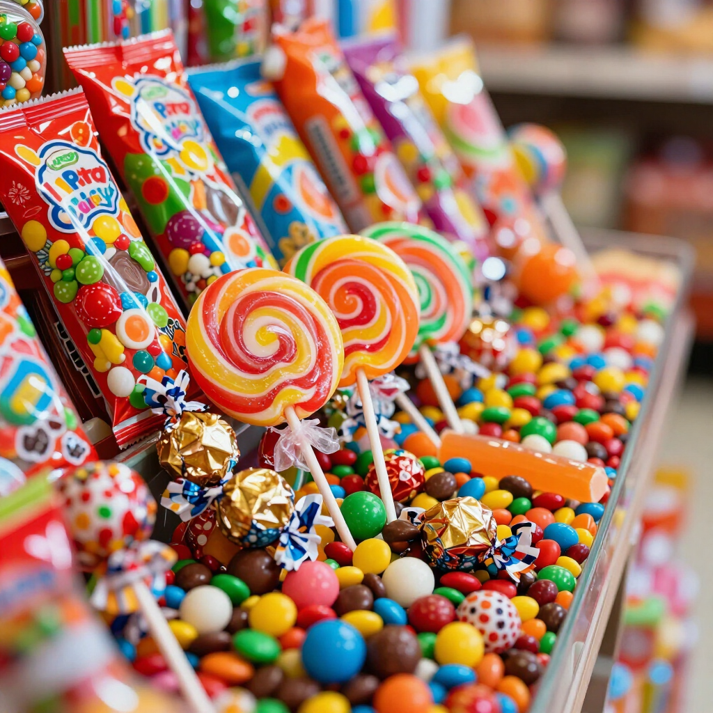 Exhibición de dulces muy llamativa con piruletas, gominolas y chocolates de colores en recipientes en una tienda.