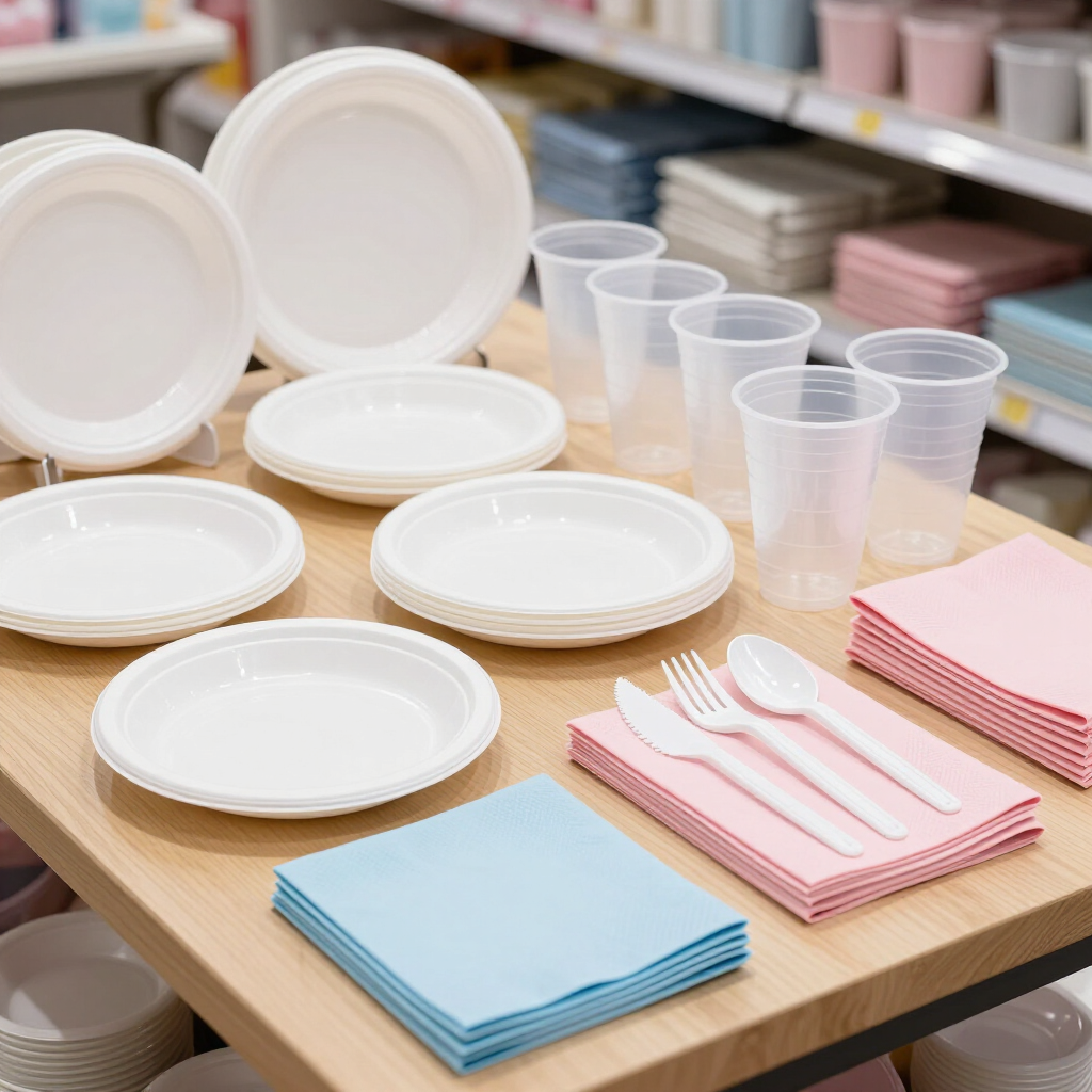 Platos blancos apilados, vasos transparentes y servilletas de colores pastel con tenedores sobre una mesa.