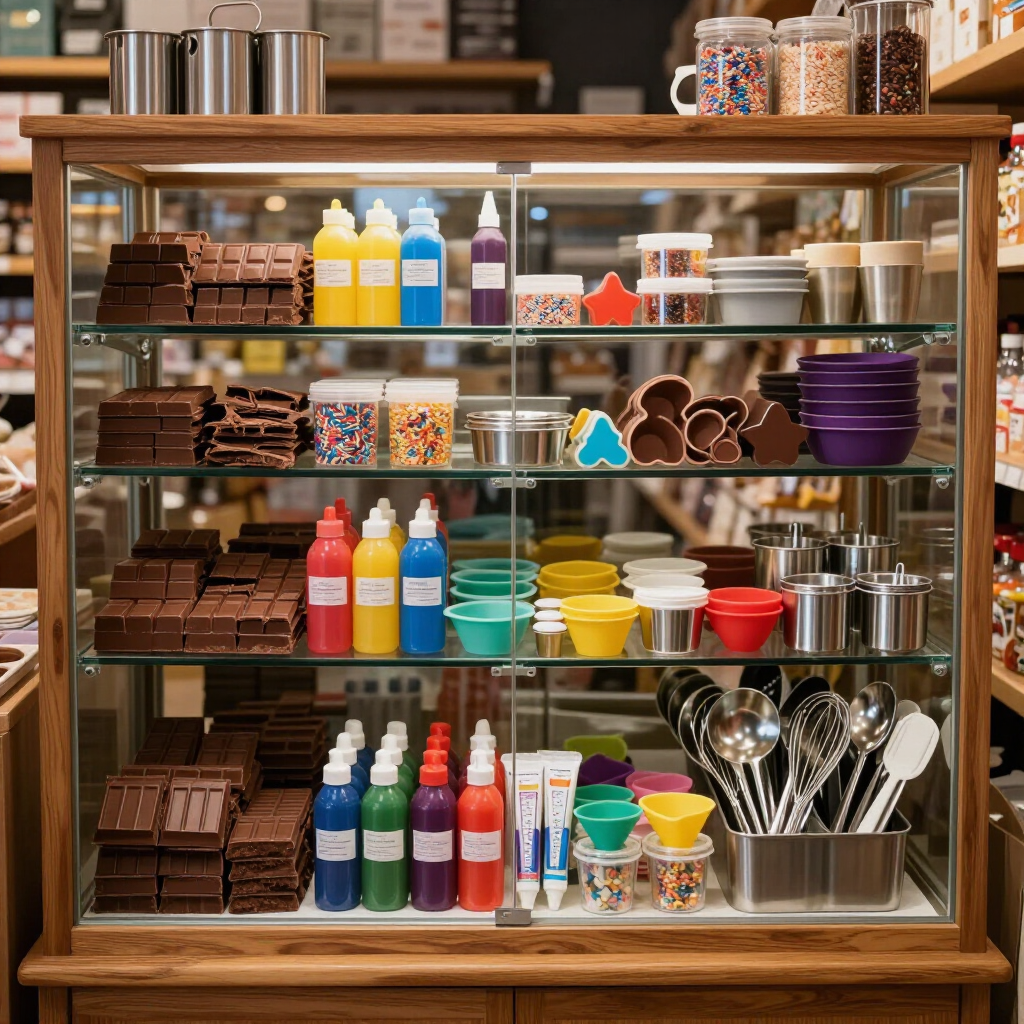 Vitrina de madera con coloridos artículos de repostería, dulces y utensilios en una tienda.