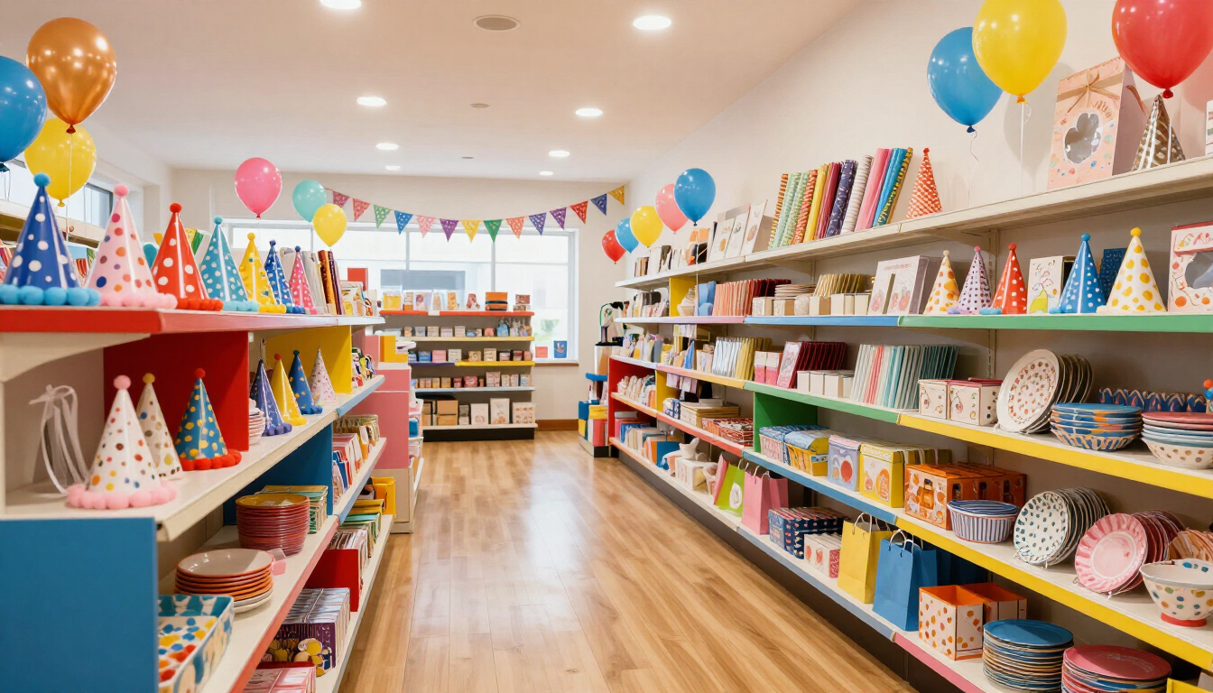 Pasillo de artículos para fiestas lleno de color, con globos y sombreros de papel, en una tienda luminosa.