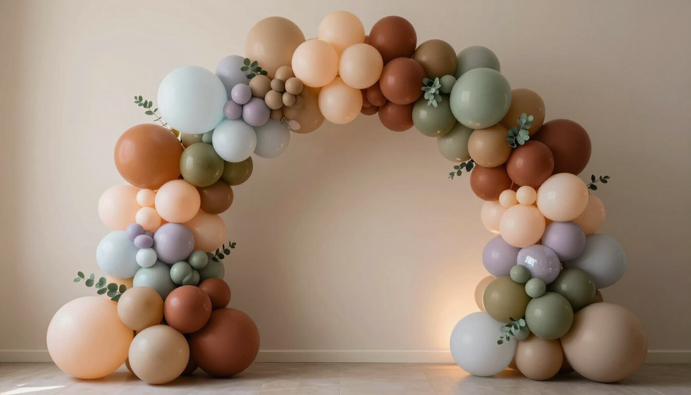Arco de guirnalda de globos en tonos pastel de melocotón, crema, verde salvia y azul sobre una pared lisa.